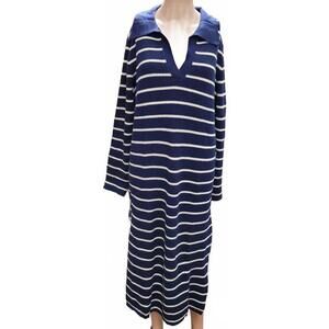 Women's Navy White Striped Knit V Neck Loose Long Dress Medium